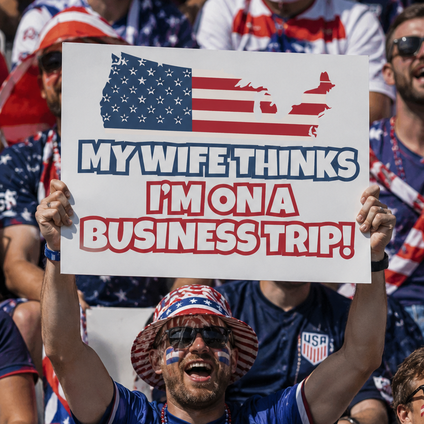 USA Fan Sign - "My wife thinks I'm on a business trip" - Funny World Cup 2026 Cheerboard