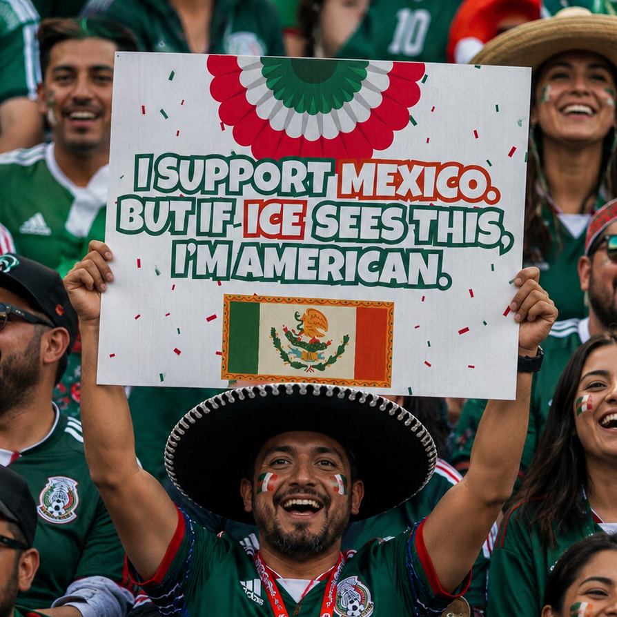 Mexico Fan Sign - "I support mexico but if ICE sees this..." - Funny World Cup 2026 Cheerboard