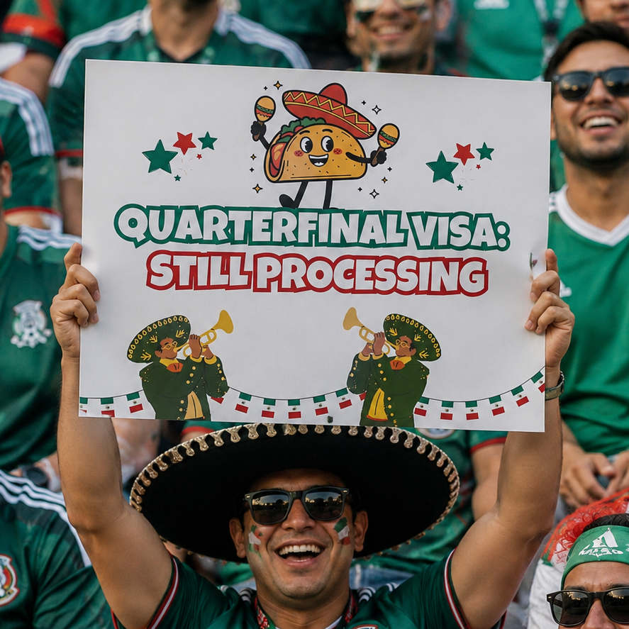 Mexico Fan Sign - "Quarterfinals Visa: Still processing" - Funny World Cup 2026 Cheerboard