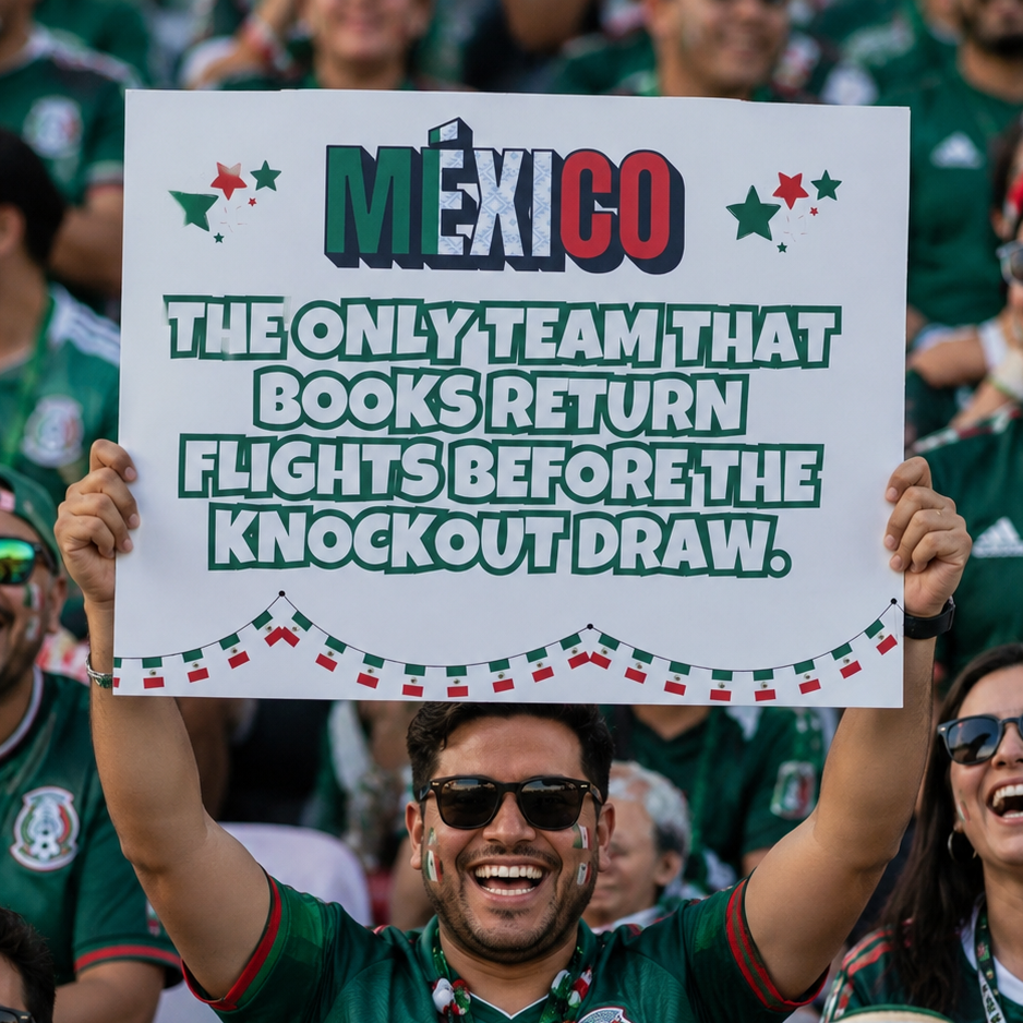 Mexico Fan Sign - "The only team that books return flights..." - Funny World Cup 2026 Cheerboard