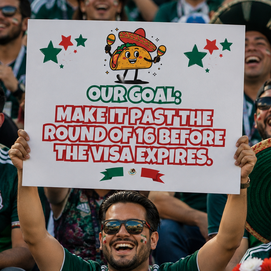 Mexico Fan Sign - "Make it past round 16 before visa expires" - Funny World Cup 2026 Cheerboard