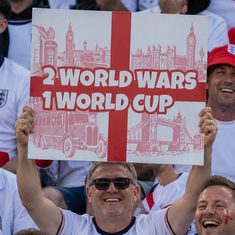 England Fan Sign - "2 world wars. 1 world cup" - Funny World Cup 2026 Cheerboard