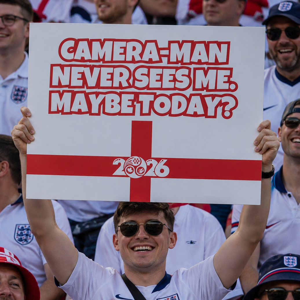 England Fan Sign - "Camera-man never sees me. Maybe today?" - Funny World Cup 2026 Cheerboard