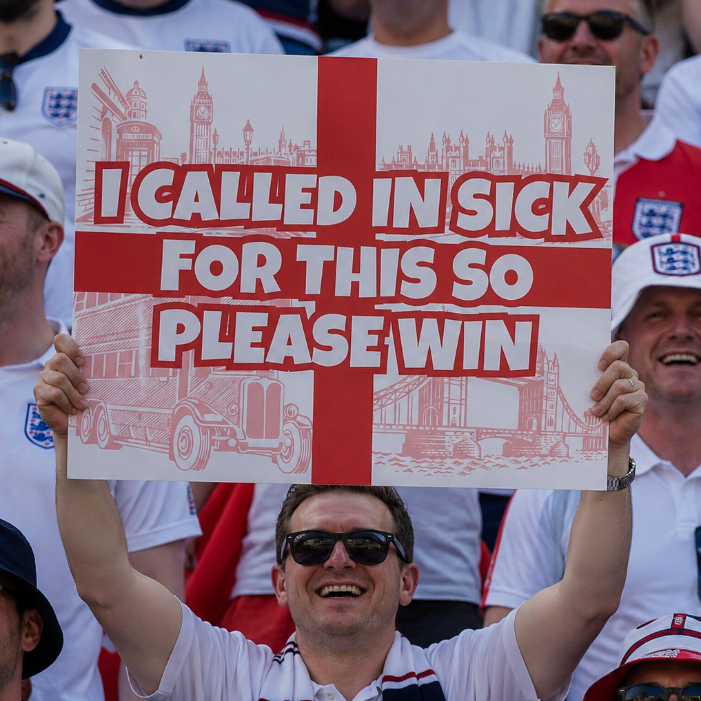 England Fan Sign - "I called in sick for this so please win" - Funny World Cup 2026 Cheerboard